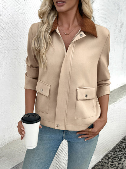 Women Clothing Autumn Winter Collared Jacket Short Contrast Color Coat Women