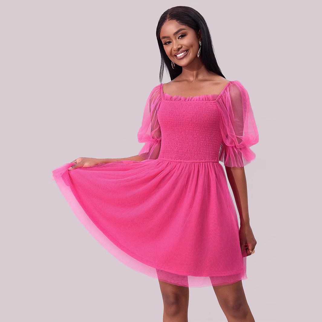 Women Clothing Dress off Neck Long Sleeve Dress Pleated Smocking Mesh Princess Dress