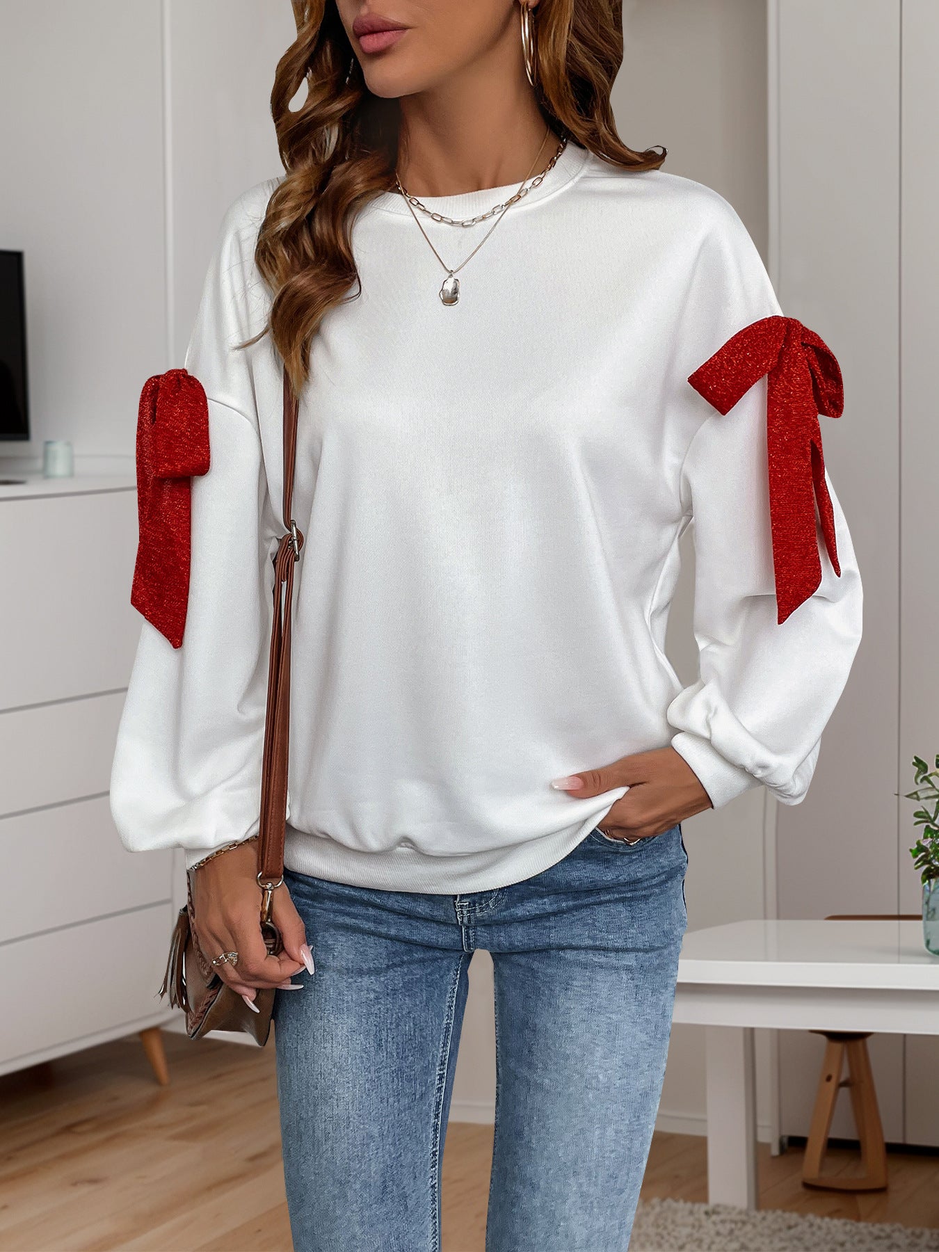 Dating Party Casual Sweet Bow Decoration Long Sleeve White Hoodie