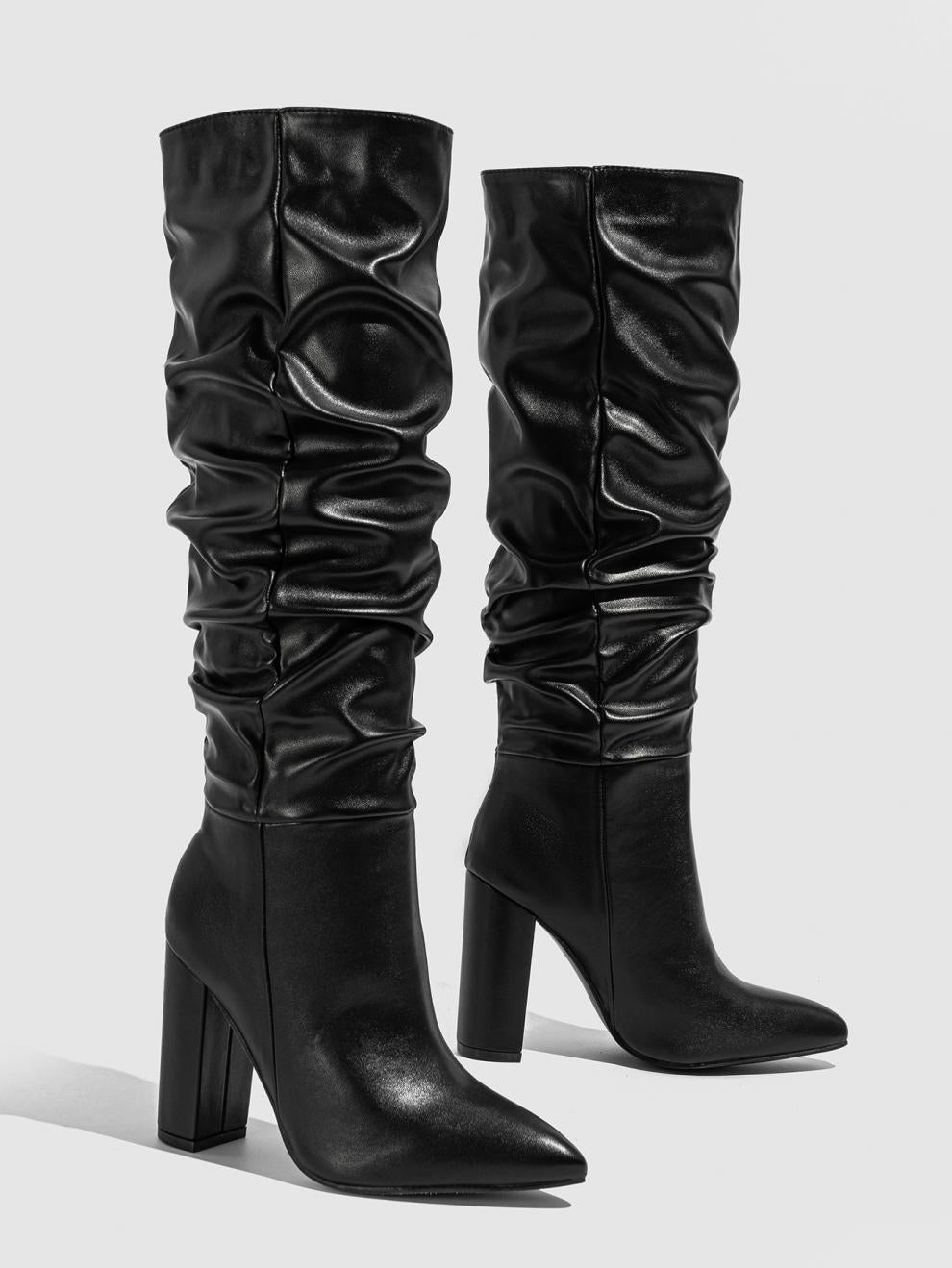 Boots Simple Shallow Mouth Pointed Mid Calf Chunky Heel Boots Slip on Comfortable Outdoor All Matching - GLAMWEARS