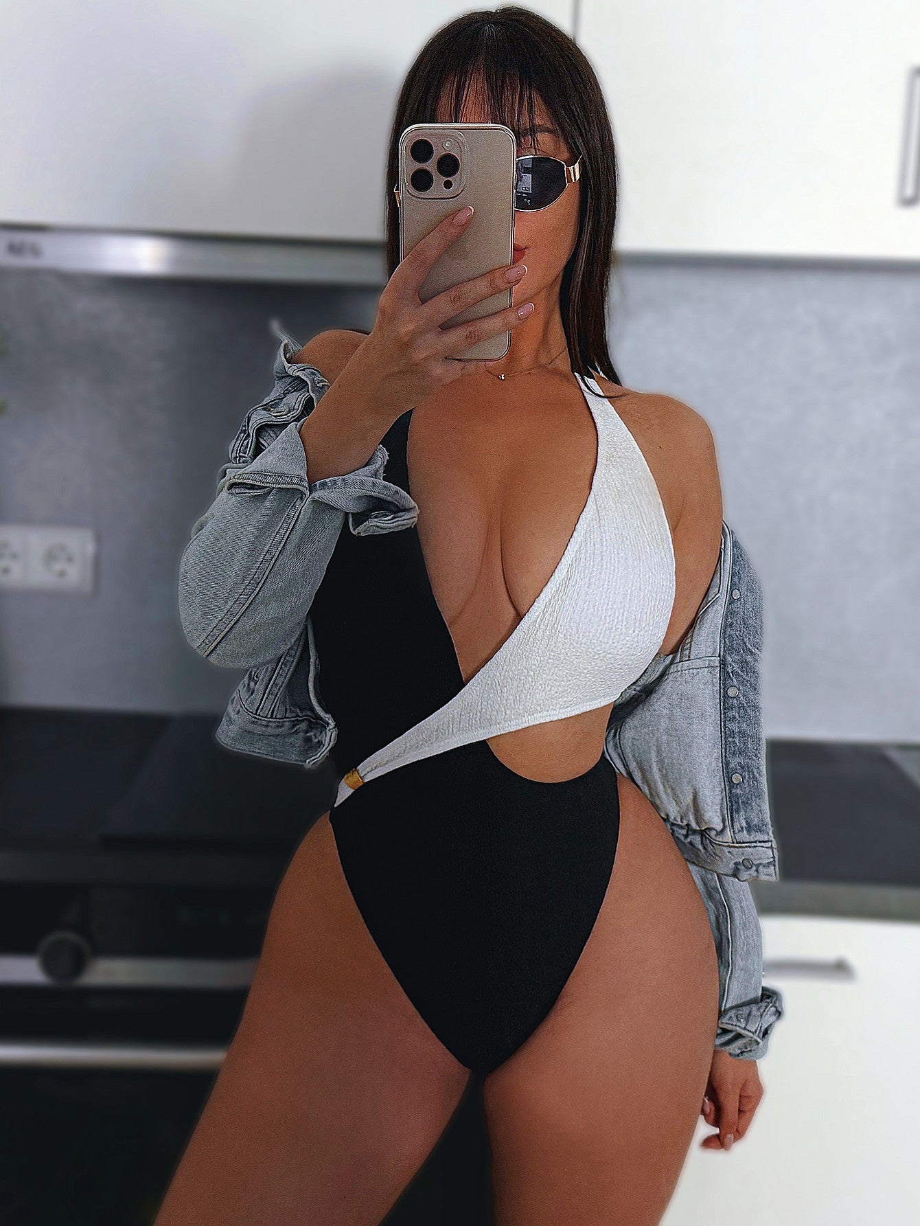 Bikini White Black Contrast Color Hollow Out Cutout Strap One Piece Swimsuit