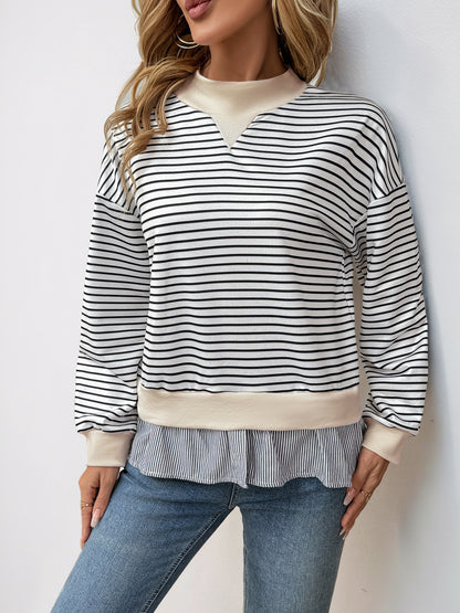 Casual Date Office Half Turtleneck Loose Striped Faux Two Pieces Sweater Women