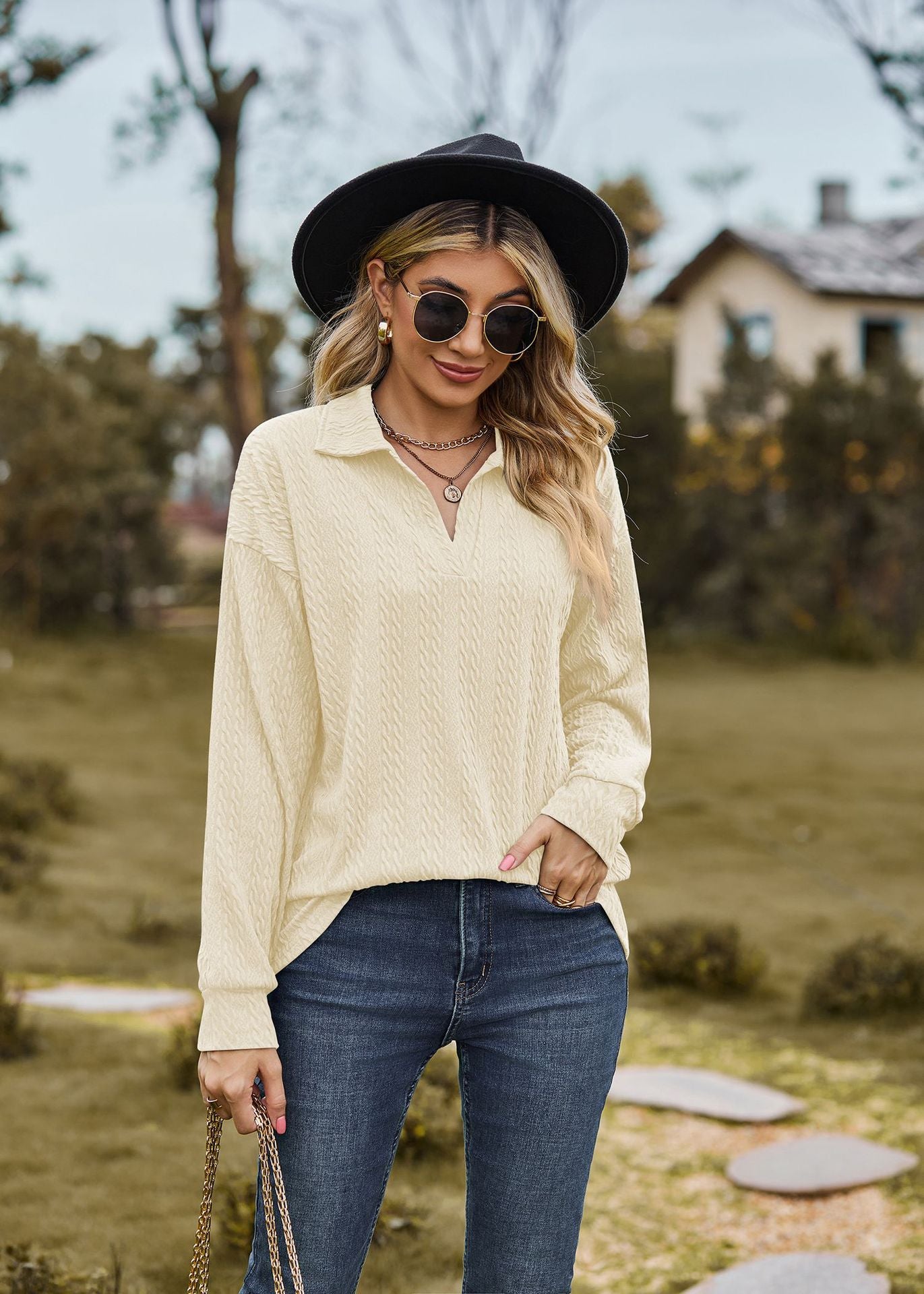 Autumn Winter Solid Color Polo Collar Loose Long Sleeve Sweatershirt Coat Women Jacket