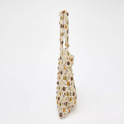Summer Casual Beaded Bag Women Special Interest High Sense Woven Bag Plaid Hollow Out Cutout Wooden Bead Beach Bag