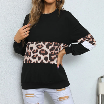 Autumn Women Wear Casual Mid Length Leopard Print Long Sleeve Patchwork Sweater