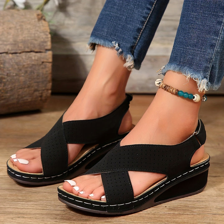 Hollow Out Cutout out Cross Strap Platform Sandals Women Velcro Solid Color Lightweight Wedge Beach Sandals - GLAMWEARS