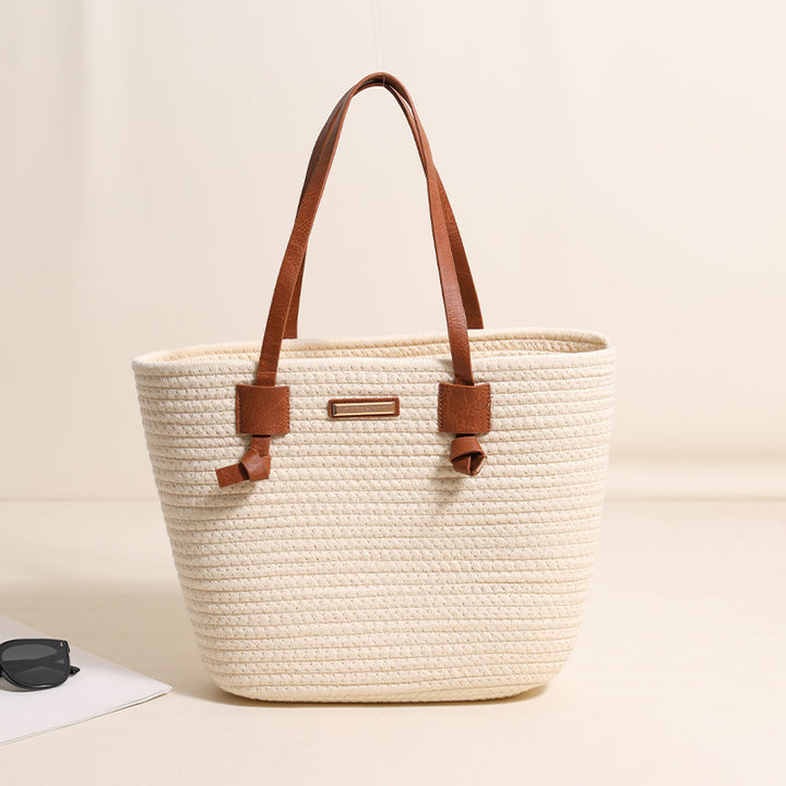 One Shoulder Cotton Thread Woven Bag Large Capacity Tote Straw Bag Vacation Beach Women Bag - GLAMWEARS