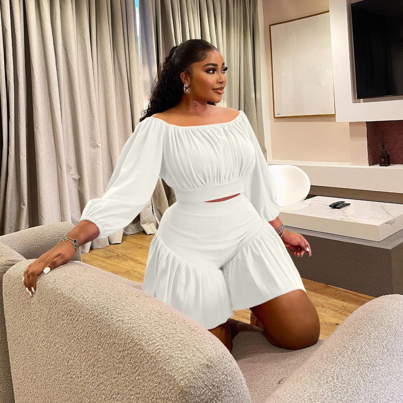 plus Size Women Clothing Pleated off Neck Fluffy Waist Trimming Casual Two Piece Sets