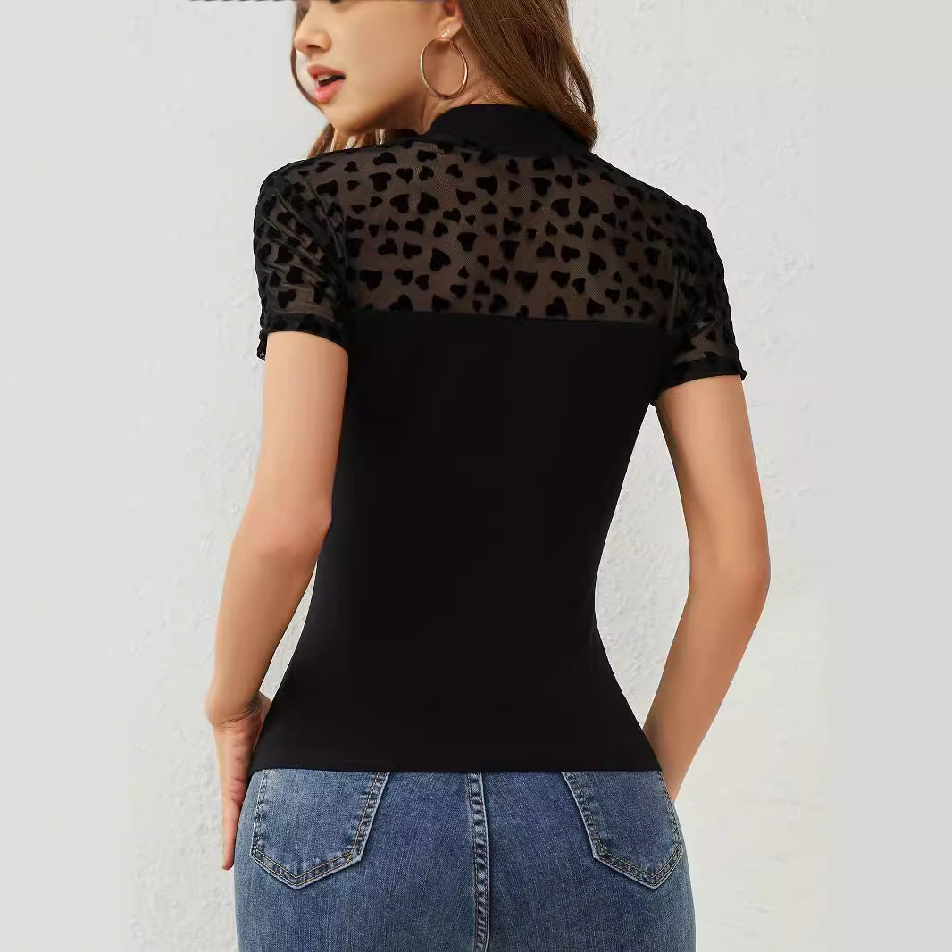 Mesh Heart Shaped Multi Part Short Sleeve Small Stand Collar Slim T shirt Top Women Sexy