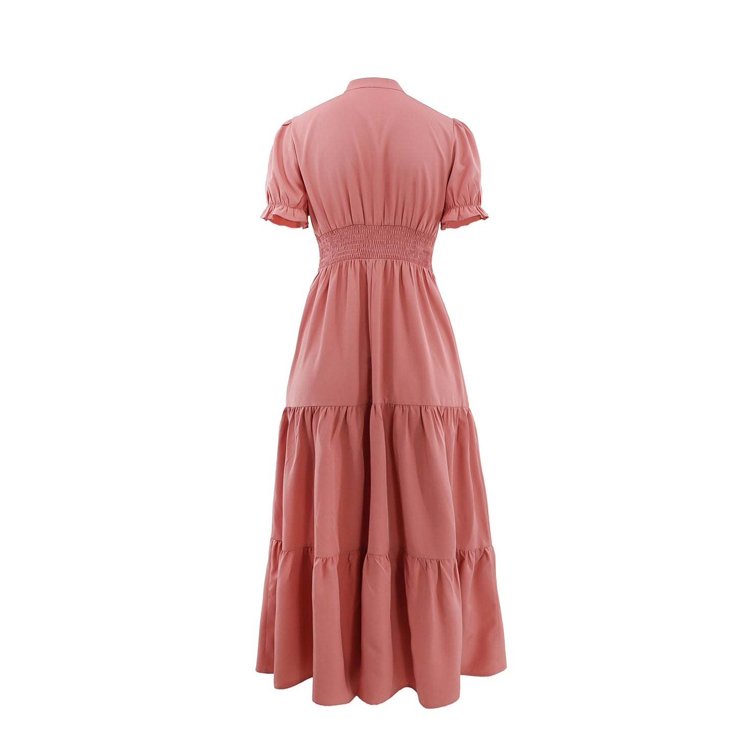 Women Solid Color Casual Short Sleeve V neck Waist Button A line Dress