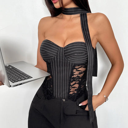 Women Clothing See through Lace Stitching Contrast Color Striped off-Shoulder Boning Corset Chest Cotton Wrapped Chest