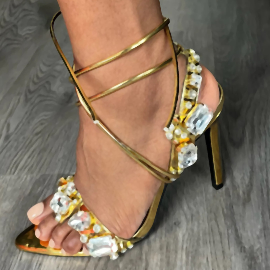 11cm Pointed Gold Rivet Rhinestone Stiletto Heels Summer Sandals Plus Size Shoes - GLAMWEARS