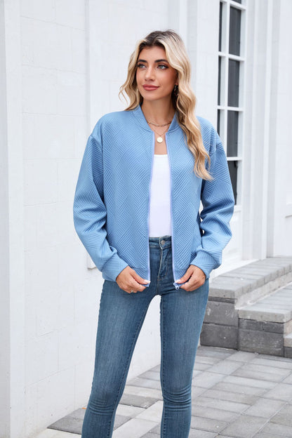 Autumn Winter Solid Color round Neck Loose Zip Long Sleeve Sweatshirt Varsity Jacket