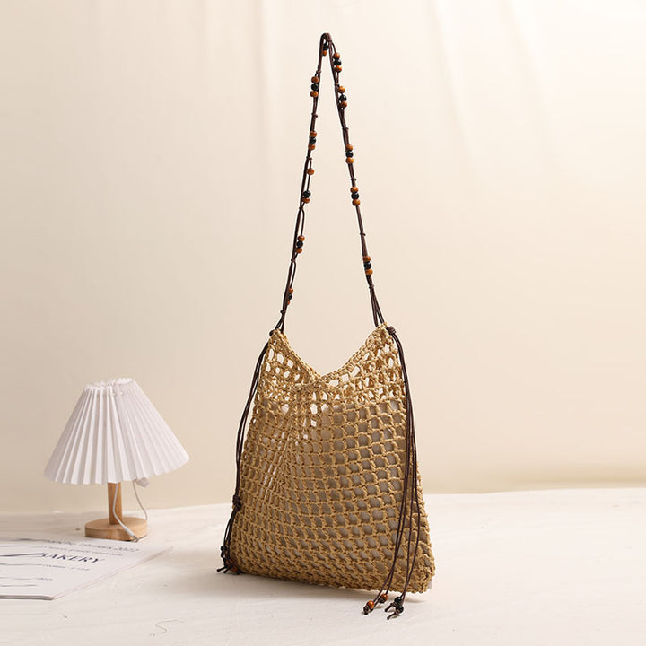 Summer Straw Woven Bag With Lace Up Pattern Suitable For Women Beach Vacation Beach Bag - GLAMWEARS
