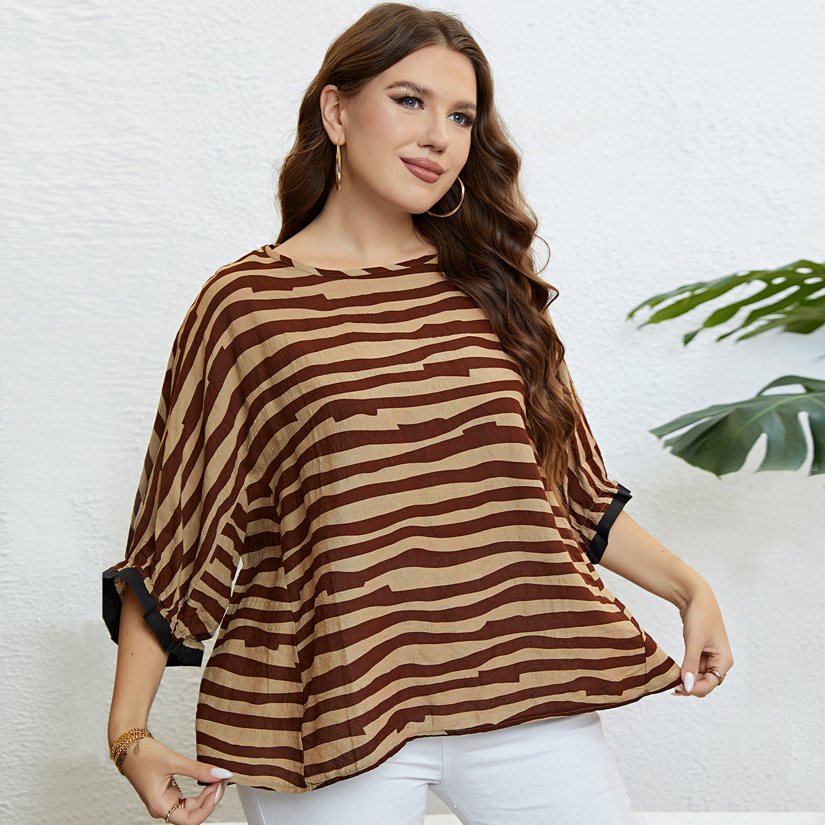 Summer Zebra Pattern 3/4 Sleeve Elegant Plus Size Top