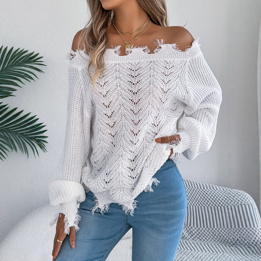 Autumn Winter Solid Color Hollow Out Cutout out Long Sleeve Cut off Shoulder Pullover Sweater Women Clothing