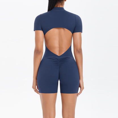 Hollow Out Cutout Beauty Back Short Sleeve Zipper Jumpsuit Peach Hip Sports Fitness Bare Back Jumpsuit Yoga Clothes for Women