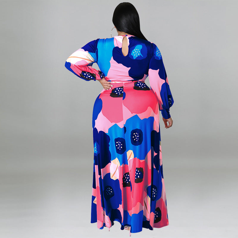 Plus Size Women Clothing Long Sleeve Dress Large Floral Printing Dress Long