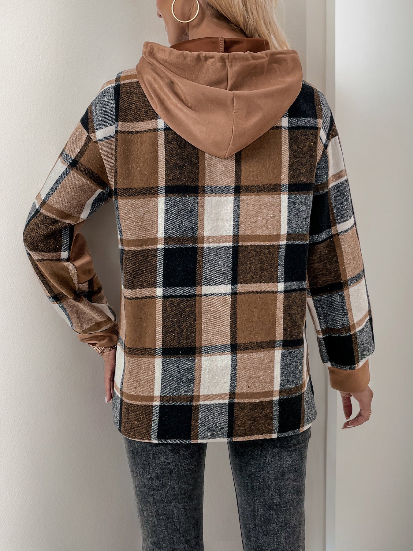Casual Retro Long Sleeve Plaid Stitching British Velvet Faux Two Piece Hooded Sweater