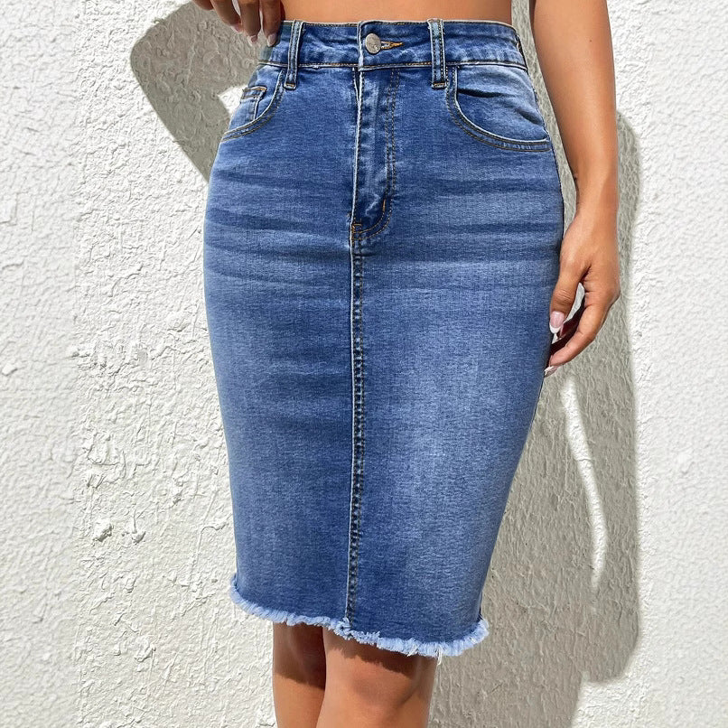 Elastic High Waist Frayed Skirt Denim Package Hip Skirt