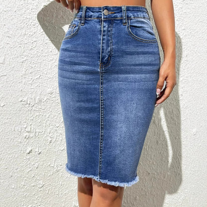 Elastic High Waist Frayed Skirt Denim Package Hip Skirt