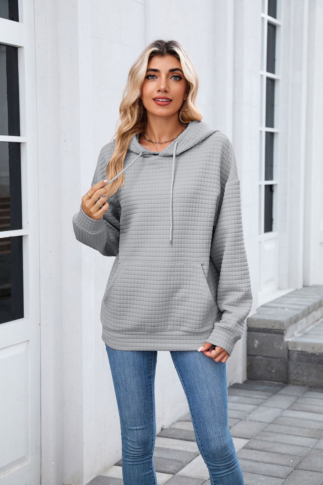 Autumn Winter Solid Color Hooded Pocket Loose Long Sleeve Sweatershirt Coat for Women