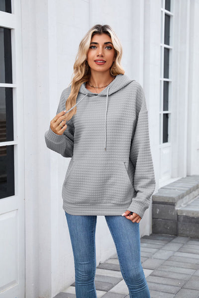 Autumn Winter Solid Color Hooded Pocket Loose Long Sleeve Sweatershirt Coat for Women