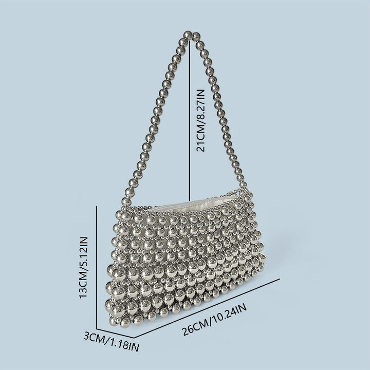 Handmade Beaded Weave Shoulder Bag Simple Handbag Silver Beaded Boat Bag - GLAMWEARS