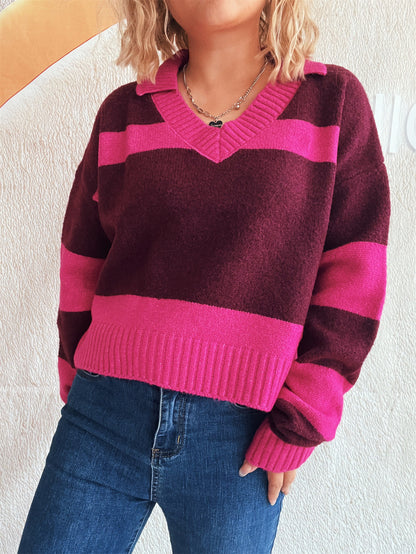 Autumn Winter Contrast Color Striped Knitted Sweater Collared Office Long Sleeve Women Pullover