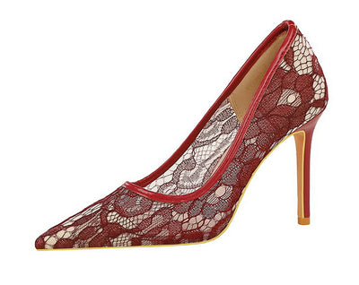 Sexy Lace High Heeled Shoes Shallow Mouth Pointed Toe Skinny Night Club Mesh Stiletto High Heel Shoes