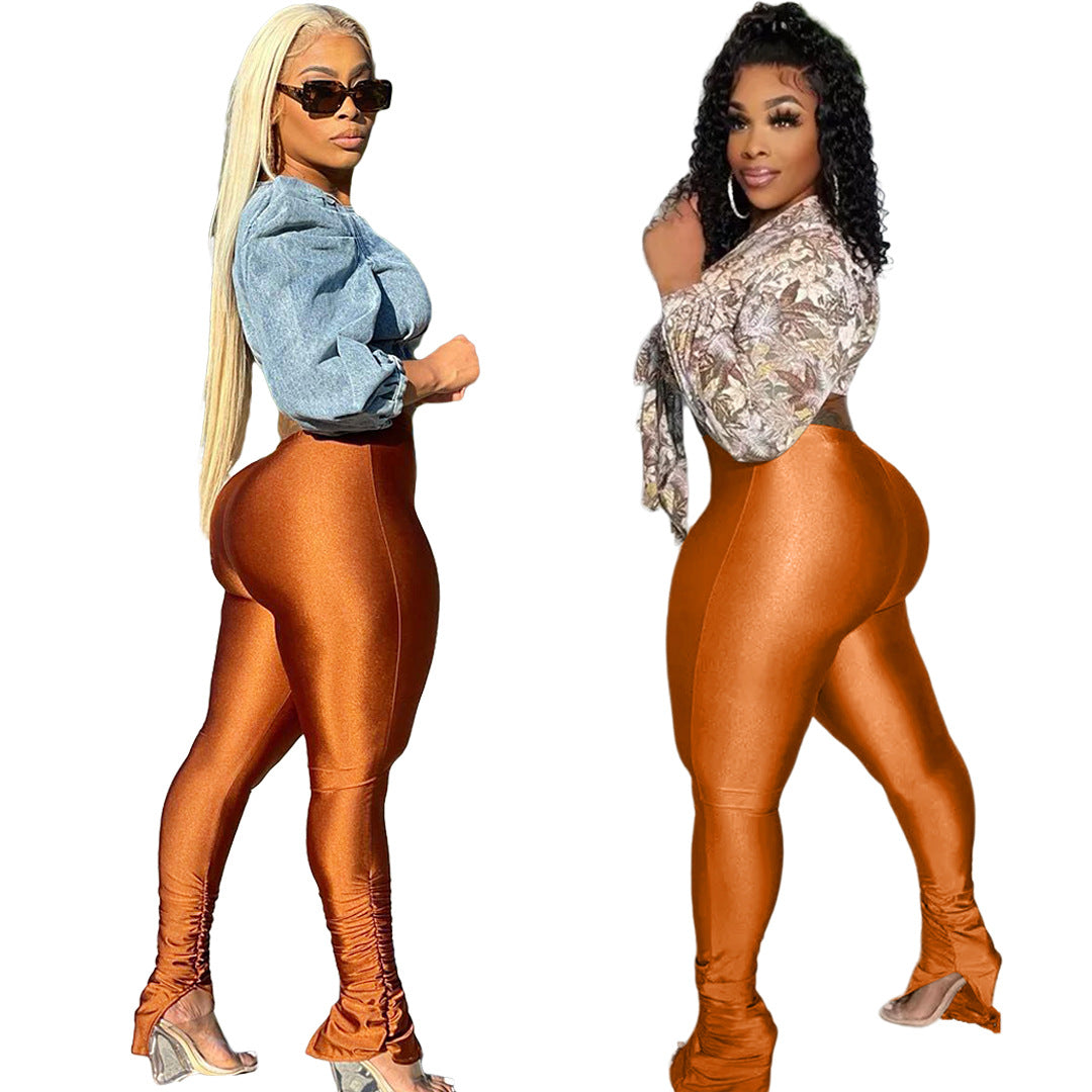 Women Clothing Nightclub Uniforms Reflective Cloth Fold Split High Waisted Trousers