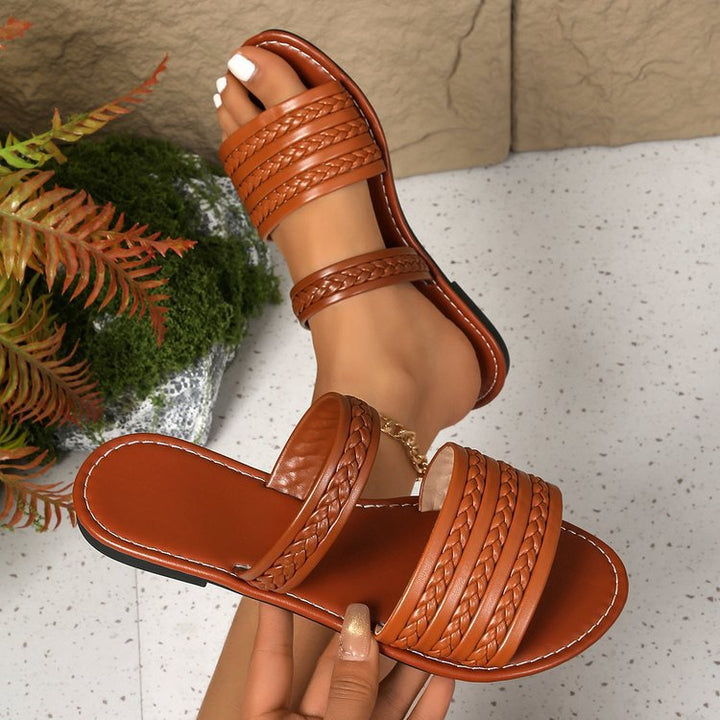 Knitted Belt Flat Slippers Women Outdoor Wear Stylish Lightweight Solid Color Beach Sandals - GLAMWEARS