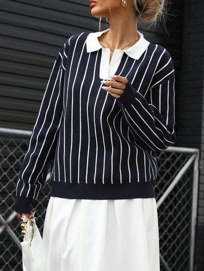 Autumn College Casual Street Trendy Polo Collar Stripes Women Sweater