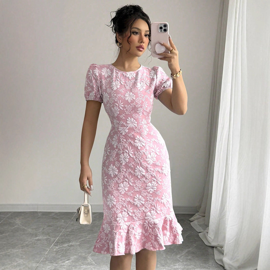 Summer Package Hip Fishtail Dress Office Printing round Neck Dress