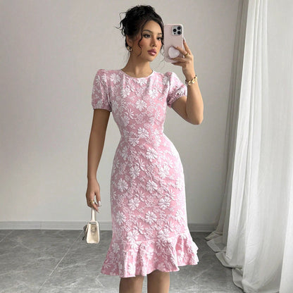Summer Package Hip Fishtail Dress Office Printing round Neck Dress