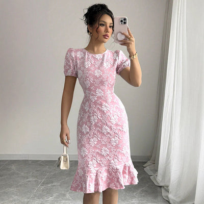 Summer Package Hip Fishtail Dress Office Printing round Neck Dress
