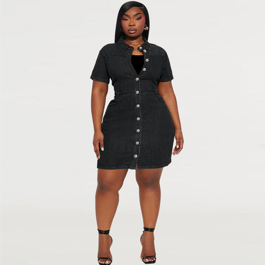 Plus Size Women Rollneck Short Sleeve Shirt Button Short Denim Dress