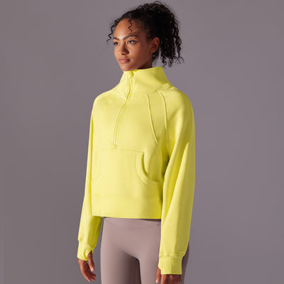 Trendy High Collar Warm Brushed Lining Zipped Sports Coat Loose Yoga Casual All Matching Sweater