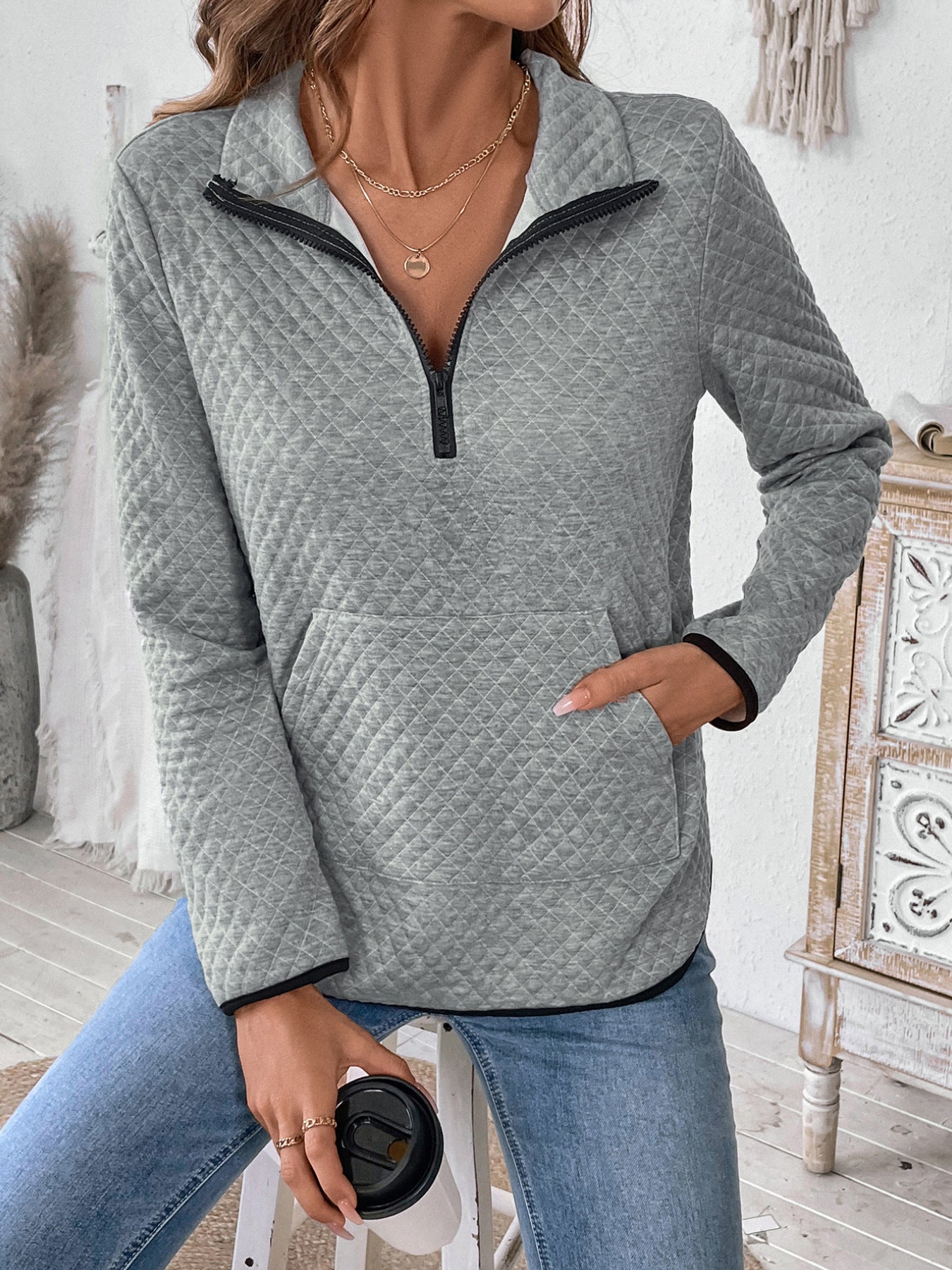Casual Simple Sports Half Open Zipped Stand Collar Diamond Lattice Fabric Solid Color Hoodie Women