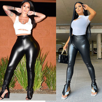 Women Clothing Autumn Tight High Elastic Bandage Slightly Flared Side Slit Faux Leather Trousers