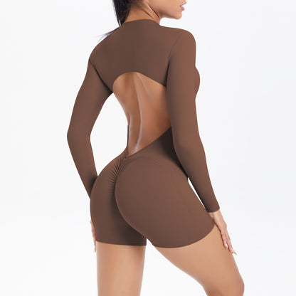 Hollow Out Cutout Beauty Back Half Open Zipper One Piece Peach Hip Sports Fitness Bare Back Jumpsuit Yoga Clothes Women