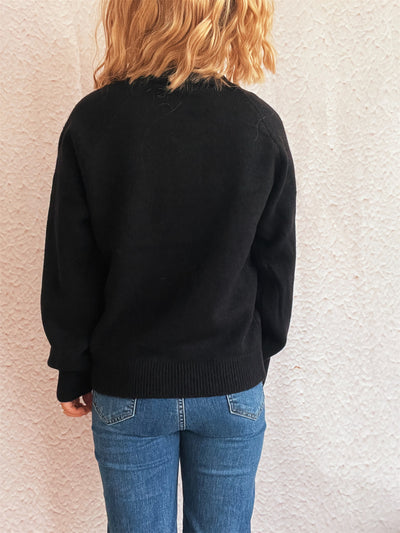 Solid Color Buttons Casual Retro Knitted Top round Neck Long Sleeve Warm Sweater