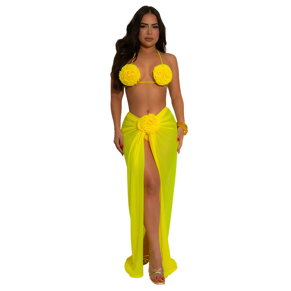 Pure Three Dimensional Floral Sexy Backless Lace up Halter Bikini Three Piece Sets