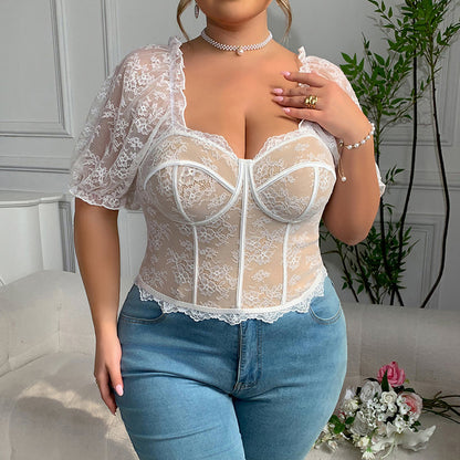 Sexy Lace See through Puff Sleeve Lace Boning Corset Top