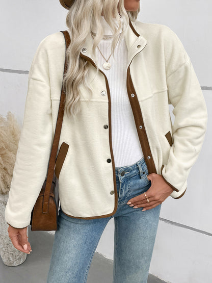 Contrast Color Polar Fleece Cardigan Autumn Winter Women Fleece Short Stand up Collar Casual Jacket