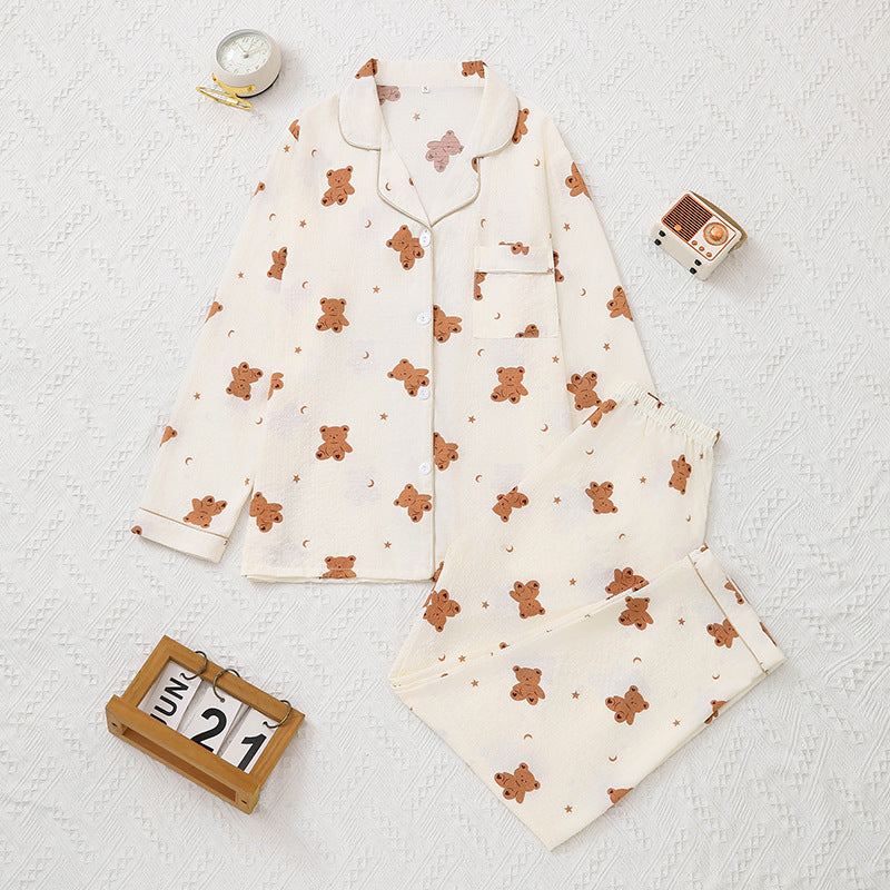 Women Long Sleeved Trousers Spring Autumn Set Sweet Outer Wear Girl Cardigan Cartoon Bear Pattern Home Wear