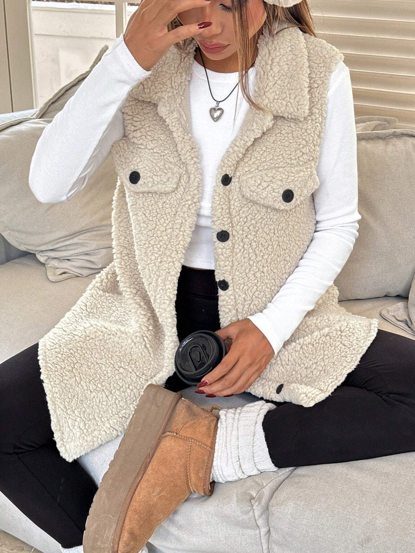 Fall Winter Lapels Open Buckle Plush Vest Cardigan Loose Office Faux Cashmere Women