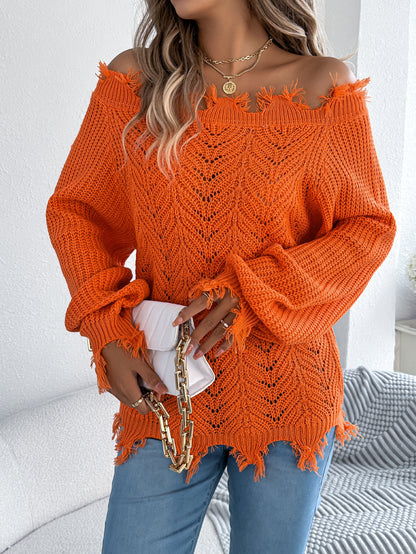 Autumn Winter Solid Color Hollow Out Cutout out Long Sleeve Cut off Shoulder Pullover Sweater Women Clothing