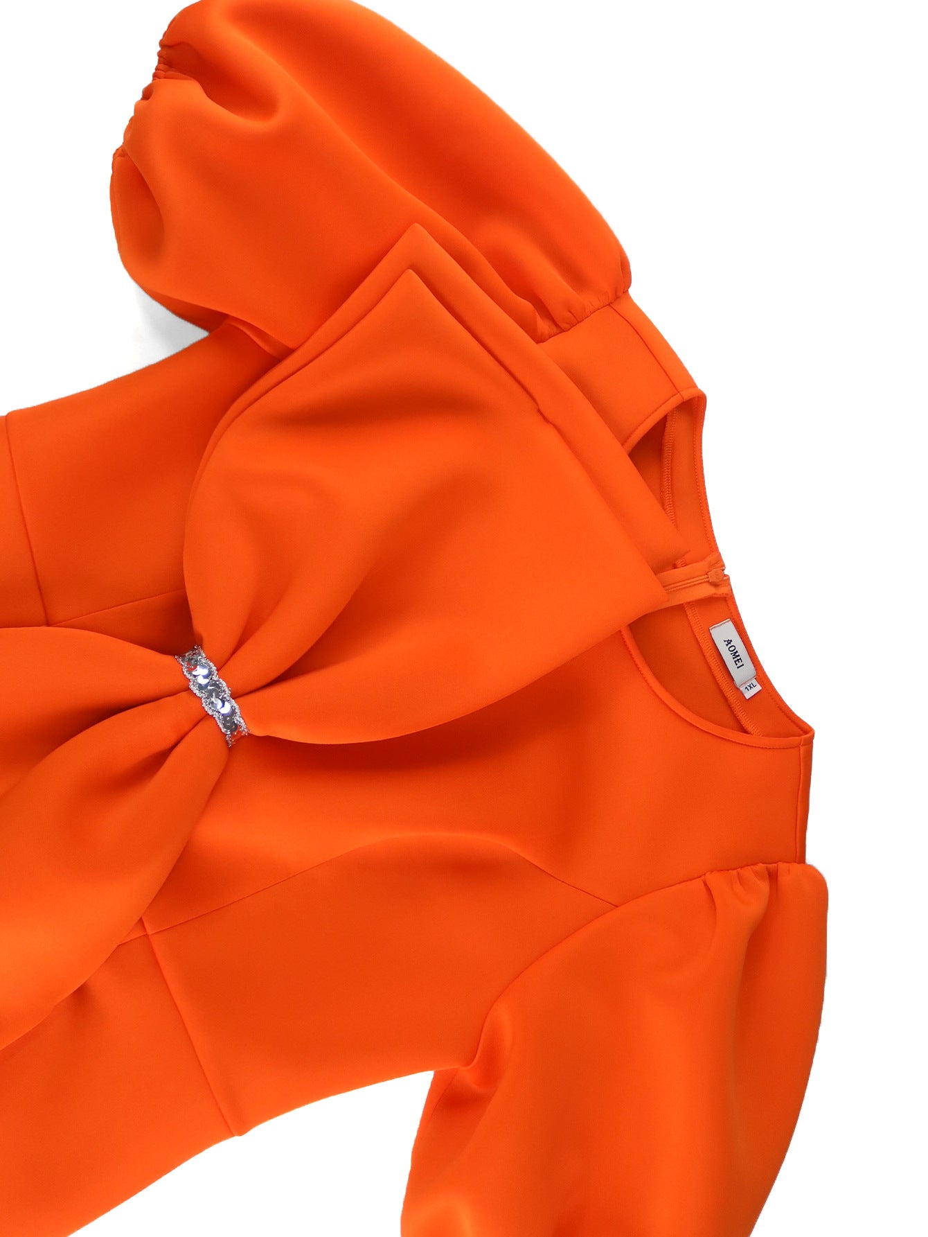 Elegant Puff Sleeve round Neck Dress Bow High Waist Slim Fit Party Evening Dress