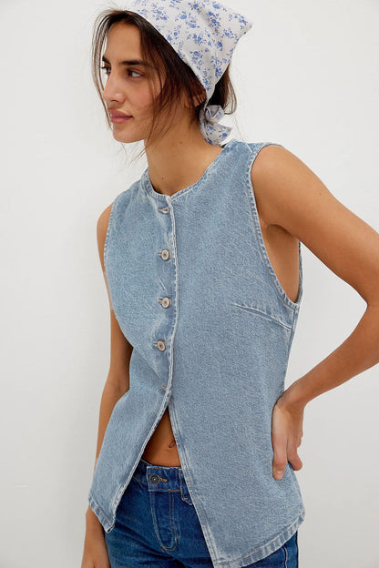 Casual Slim Fit Buttoned Women Clothing Denim Sleeveless Vest